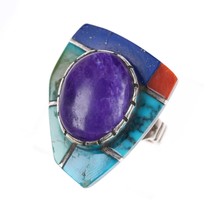 sz8 1980&#39;s Edward Zuni Sterling sugilite gem turquoise, coral, lapis ring - $371.25