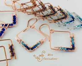 Handmade copper earrings: square spiral hoops wire wrapped glass beads - £22.38 GBP