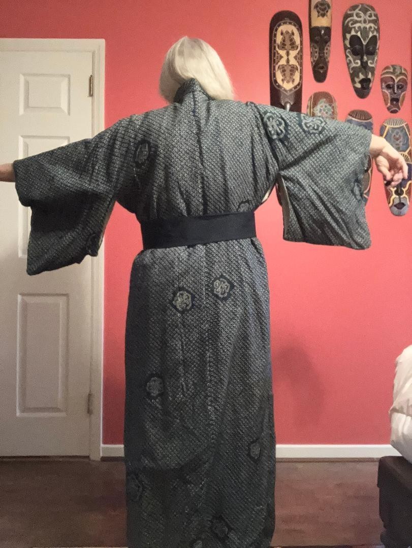 CL-KIM-4) Pre WWII vintage long dark green off white circles Kimono L/XL design Item image 6