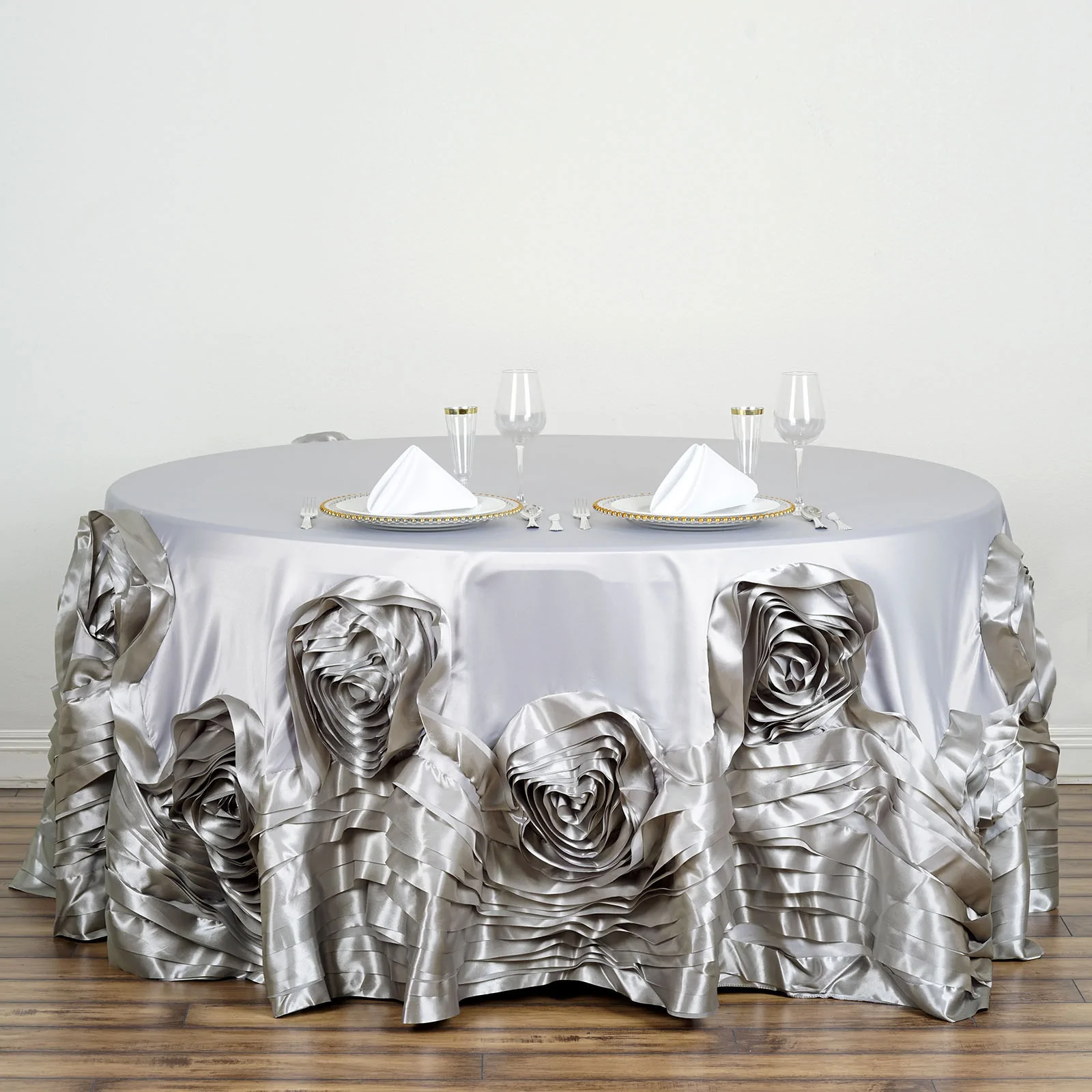 Silver - 132&quot; Tablecloth Large Rosette Round Lamour Satin Wedding Party - £94.28 GBP