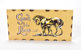 Vintage Religious Wood Plaque Silk Screened God is Love Horse Foal Wall ... - $14.84