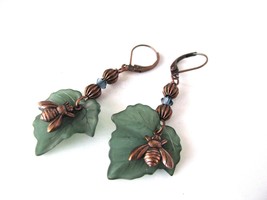 Bee themed Antique Copper Finish Earrings with Lucite Leaves and Swarovski Cryst - £15.75 GBP