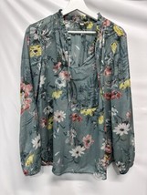 Loft Boho Green Floral Tunic Top Popover Blouse Long Sleeve Cotton Blend L - £18.46 GBP