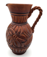 Pottery Pitcher Jug Wood Carved Appearance Rope Style Handle Brown 10&quot; T... - £23.44 GBP