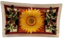 Peggy Karr Fused Glass Tuscany Tray 10&quot; Sunflower Olives Discontinued Boxed - €21,86 EUR