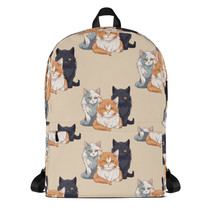 New Backpack Book Bag Beige Cats Design Zip Fits 15&quot; Laptop Padded Straps - £32.25 GBP