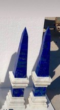 20&quot; Two Marble Obelisk Blue Lapis Lazuli Semiprecious Inlay Mosaic Hallway Decor - £1,736.68 GBP