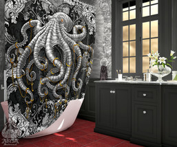 Silver Octopus Shower Curtain, Elegant Gothic Bathroom Decor - Black - £56.75 GBP