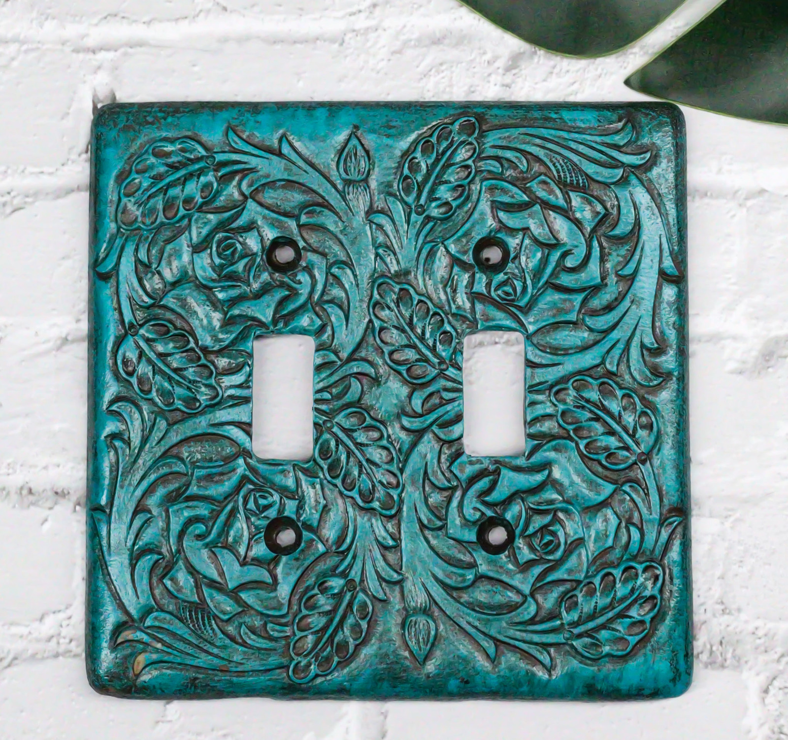 Primary image for Set of 2 Western Tooled Floral Lace Turquoise Wall Double Toggle Switch Plates