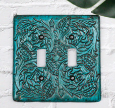 Set of 2 Western Tooled Floral Lace Turquoise Wall Double Toggle Switch ... - $28.99