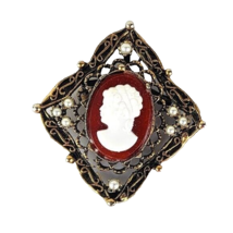 Cameo Necklace Gold Plate Faux Seed Pearls Pendant Pin Brooch - $14.85