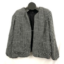 Black White Tweed Pattern Blazer Jacket Women&#39;s 26W Fringe Pockets Sleeves - £13.51 GBP