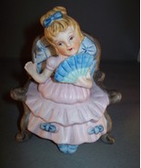 Vintage Figurine Girl Sitting with Fan In Old Fashion Chair Ceramic - £6.33 GBP