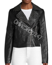 New Women Punk Black Half Silver Studded Brando Style Rock Biker Leather Jacket - $249.99