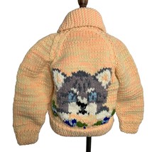 Vintage Handmade Knit Cardigan Sweater 3-4T Pink Cat Kitten Full Zip Beanie - £47.56 GBP