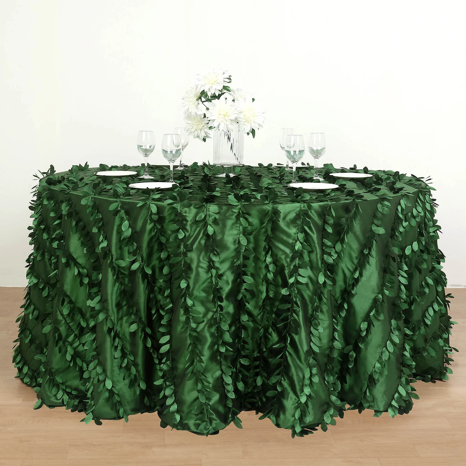 Green - 132&quot; Round - Leaf Petal Taffeta Tablecloth Wedding, Party, Event - £71.83 GBP