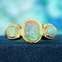 Natural Opal Vintage Style Three Stone Ring in Solid 9K Yellow Gold - £743.98 GBP