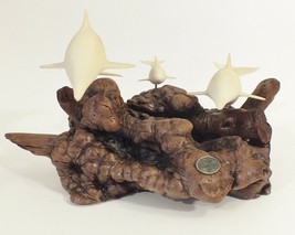 Vintage JOHN PERRY Dolphins Pod of 3 on Burl Wood Sculpture Driftwood Collection - £33.71 GBP