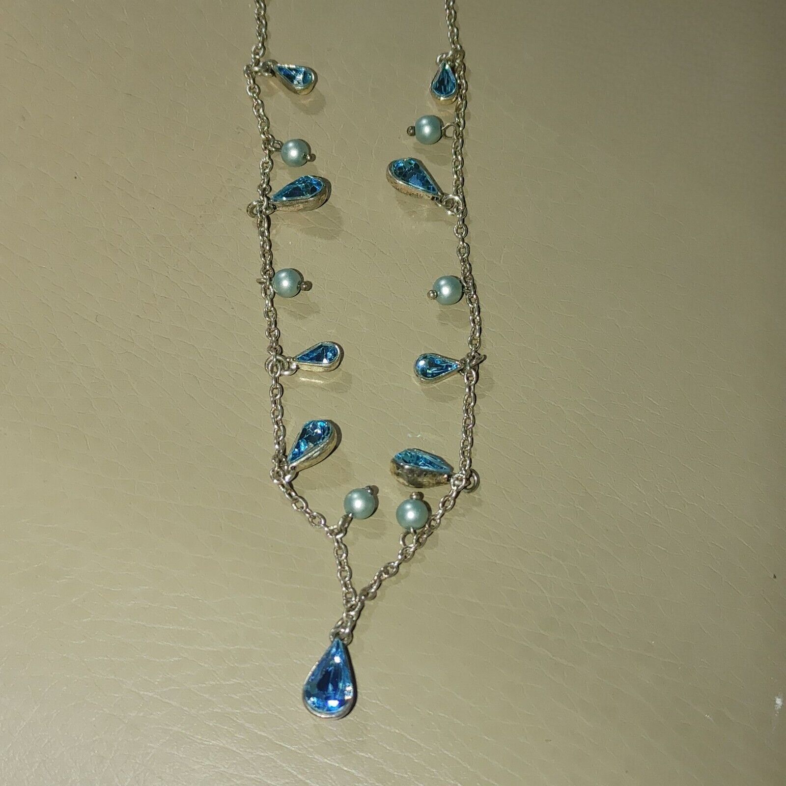 Carolee Friedman Silver Necklace Blue Teardrop Crystals Faux Pearls - $28.05