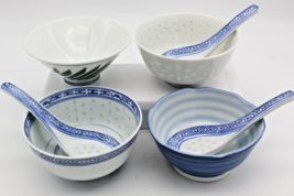 Asian Rice Bowls Wonton Soup Spoons Mixed Lot Rice Eye Grain Blue White ... - $24.79