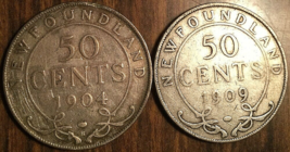 1904 1909 Lot Of 2 Newfoundland Silver 50 Cents Coins - £36.54 GBP