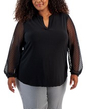 Kasper Plus Size Dot-Sleeve Split-Neck Top - Black - $19.87