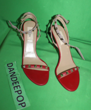 Valentino Garavani Gold Rockstud Red Calfskin Leather Sandal Heels Size 37 - £593.40 GBP