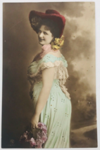 1910&#39;s Victorian Lady in Blue Dress &amp; Big Red Hat Fashion Glamour Postcard - £9.82 GBP