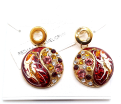 Chapal Zenray Round Earrings Enamel &amp; Colored Crystals Gold Tone - Drop - £11.80 GBP