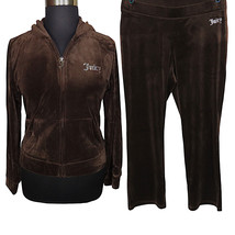 Juicy Couture Brown Logo Y2K Bling Velour Tracksuit Hoodie And Pants Set XXL - $125.00