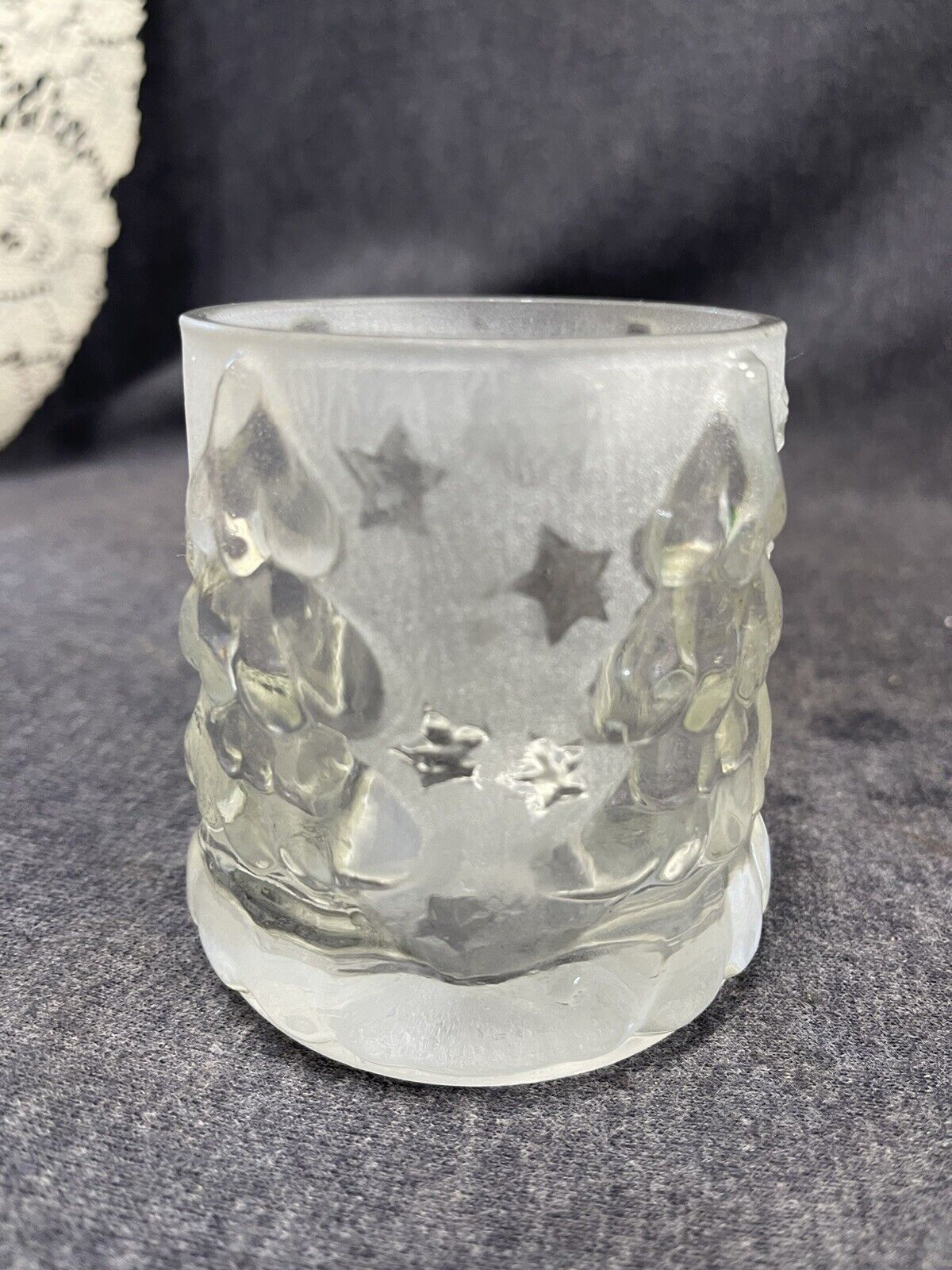Primary image for Vtg 3 1/2” Christmas Votive candle holder Frosted Trees, Moon And stars Design