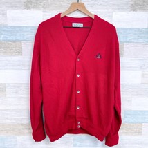 IZOD Vintage Grandpa Cardigan Sweater Red V Neck Button Up USA Made Mens Large - £39.56 GBP
