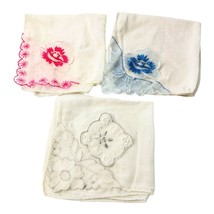 3 Vintage White Hankies Raised Embroidery Flowers in Corner Handkerchief 9x9.5   - £22.04 GBP