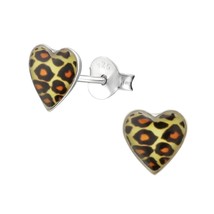 Heart 925 Sterling Silver Stud Earrings with Leopard Print - £11.20 GBP