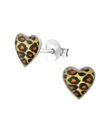 Heart 925 Sterling Silver Stud Earrings with Leopard Print - £11.01 GBP