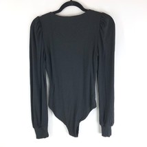 Lulus Bodysuit Long Puff Sleeve Ribbed Knit Scoop Neck Black Stretch M - £26.52 GBP