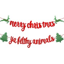 Red Glittery Merry Christmas Banner, Merry Christmas Ya Filthy Animal Banner, Ch - £14.22 GBP
