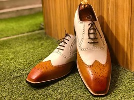 Bespoke Handmade Tan &amp; White Color Genuine Leather Wing Tip Brogues Men ... - £157.70 GBP