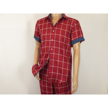 Men INSERCH premium Soft Cool Linen  2pc Walking Leisure suit 7098 Red Plaid image 2