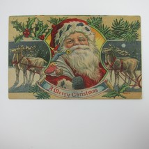 Christmas Postcard Old World Santa Toy Bag Reindeer Moon Holly Berries Antique - £15.79 GBP