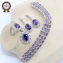 Purple  Silver Color Natural Jewelry Set for Women Bracelet Earrings Necklace Pe - £29.92 GBP