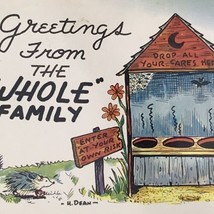 Humorous Vintage Outhouse Greetings From The Whole Family Funny Cartoon Art - $12.50