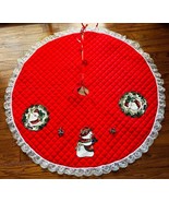 Vintage Red 45&quot; Quilted Christmas Tree Skirt w Lace &amp; Sequined Snowman +... - $24.34 CAD