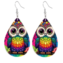 Colorful Owl PU Leather Teardrop Dangle Earrings - New - £10.27 GBP