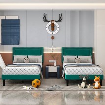 Set of 2 - Twin size Dark Green Upholstered Platform Bed Frame with Headboard - $11,464.87 MXN