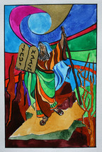 Sami Zilkha Original Monotype Watercolor &quot;Moses &amp; the Tablets&quot; Jewish Religious - £115.75 GBP
