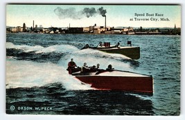 Speed Boat Race Postcard  Traverse City Michigan Orson W Peck Curt Teich Unused - £60.86 GBP