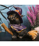 Halloween Black Cat with Witch Hat and Cape Riding Magical Broomstick Fi... - $20.49 CAD