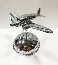 Nautical Chrome Aluminum Aeroplane on World Map Globe Base Home &amp; Office Decor - £72.18 GBP