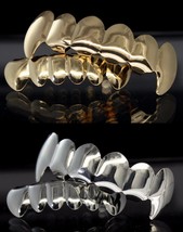 4 pc Fangs Grillz Gold &amp; Silver Plated Set Top Bottom Teeth w/Molds Hip Hop - £9.53 GBP